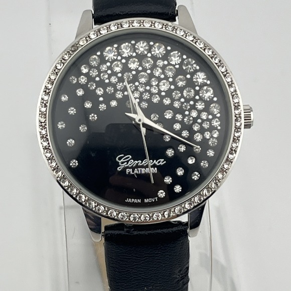Geneva Platinum Watch Women 33mm Case Crystal Bezel Black Band- New Battery - Picture 1 of 9